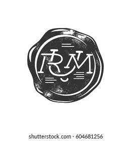 Vintage handcrafted wax seal template with monogram Rum. Use as pirate emblem, label, logo. Isolated on white background. Sketching filled style. Vector silhouette template