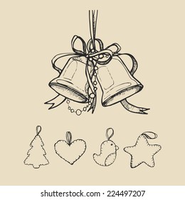 Vintage hand-drawing background with bells and toys. Vector illustration.