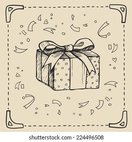 Vintage hand-drawing background with gift box. Vector illustration.