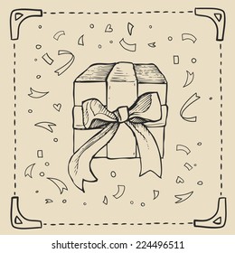 Vintage hand-drawing background with gift box. Vector illustration.