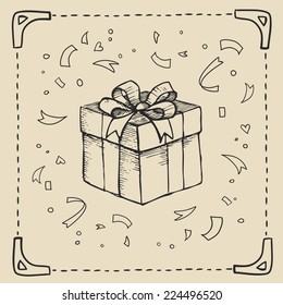 Vintage hand-drawing background with gift box. Vector illustration.