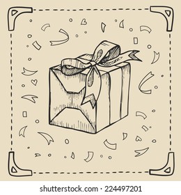 Vintage hand-drawing background with gift box. Vector illustration. 