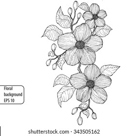 Vintage hand-drawing black and white background with flowers and leaves. EPS 10 vector illustration. Line art style.