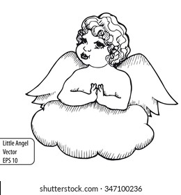 Vintage hand-drawing black and white background with little angel on the cloud. EPS 10 vector illustration. Line-art style. Graphic art.