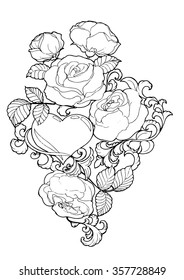 Vintage hand-drawing black and white background with flowers and leaves. EPS 10 vector illustration. Line art style.