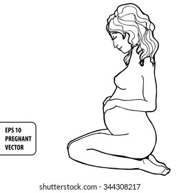 Vintage hand-drawing black and white pattern with young pregnant women. EPS 10 vector illustration. Line-art style.
