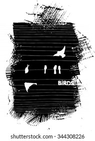 Vintage hand-drawing black and white pattern with  birds. EPS 10 vector illustration. Line-art style.