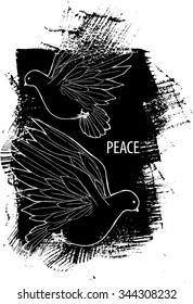 Vintage hand-drawing black and white pattern with doves. EPS 10 vector illustration. Line-art style.