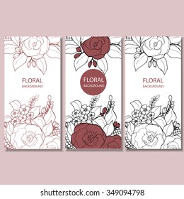 Vintage hand-drawing floral background in black, white and marsala colores. Line-art style. Graphic art. Pattern for card, invitations, banners, flyers.