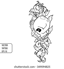 Vintage hand-drawing floral black and white background. Line-art style. Graphic art. Pattern for card, banners, flyers, tattoo, posters, prints