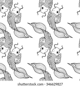 Vintage hand-drawing seamless pattern with fish. Vector illustration. Line-art style. 
pattern for invitation, cards, banners, flyers, calendars. The element style tattoo salons, spa, sushi bar. Henna