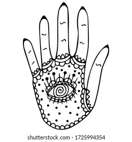 Vintage hand-drawn black and white stylized hand with an all-seeing eye in the center of the palm. Sketch of an amulet and a talisman for a mystical tattoo, coloring book, sticker, print. Vector.