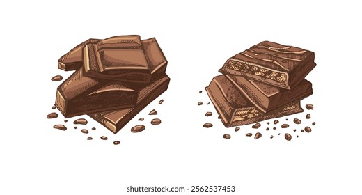 Vintage hand-drawn chocolate bar and stacked pieces colored illustration