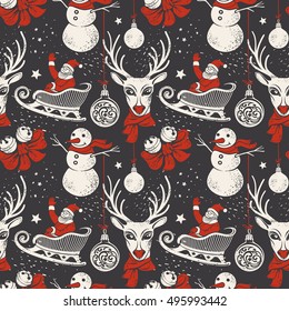 Vintage Hand-drawn Christmas Pattern. Seamless Pattern With A Deer In Red Scarf, Santa Sleigh And Snowman. Chalk Drawn Stylized Christmas Illustrations On Blackboard Background