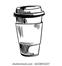 Vintage Hand-Drawn Coffee to Go Cup Illustration: Doodle Style Outline, Ink Sketch of Disposable Cup, Chocolate Coffee Design for Print, Web