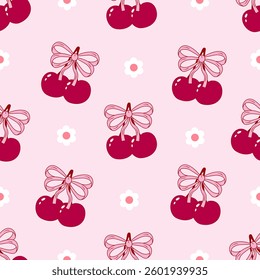 Vintage hand-drawn coquette seamless pattern with cherries and bows. Designed for wrapping paper, packaging, fabric, and textiles. Vector illustration.