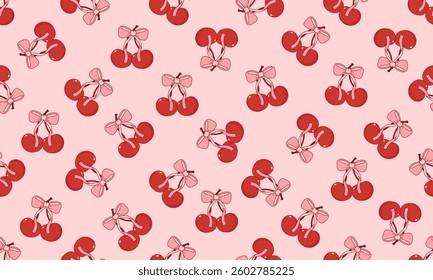 Vintage hand-drawn coquette seamless pattern with cherries and bows. Designed for wrapping paper, packaging, fabric, and textiles. Vector illustration.