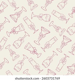 Vintage hand-drawn coquette seamless pattern with cocktail glasses and bows. Monochrome ink. Designed for wrapping paper, packaging, fabric, and textiles. Vector illustration.
