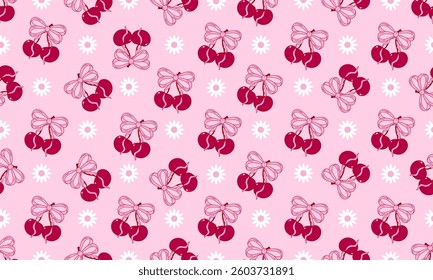 Vintage hand-drawn coquette seamless pattern with cherries and bows. Designed for wrapping paper, packaging, fabric, and textiles. Vector illustration.