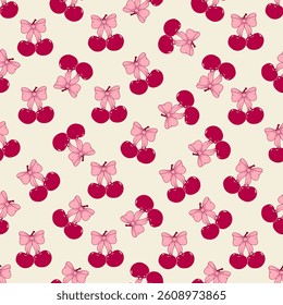 Vintage hand-drawn coquette seamless pattern with cherries and bows. Designed for wrapping paper, packaging, fabric, and textiles. Vector illustration.
