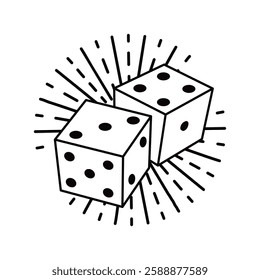 Vintage Hand-Drawn Dice Illustration with Radiating Lines, Retro Gambling and Casino Vector, Black and White Lucky Dice Art, Stylized Game Symbol for Betting, Chance, and Entertainment Themes