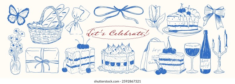 A vintage hand-drawn doodle set with cakes, wine, candles, flowers, and gifts in monochrome blue ink.