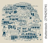 A vintage hand-drawn doodle vector illustration showcasing iconic Bangkok old city landmarks and cultural lifestyle,Perfect for Thailand travel concepts, postcards, souvenirs, and tourism promotional materials.