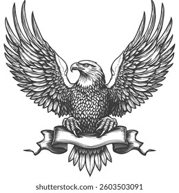 Vintage Hand-Drawn Eagle with Outstretched Wings and Blank Banner  Classic Heraldic Illustration.