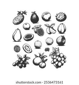 Vintage Hand-Drawn Exotic Fruit Collection: Black and White Botanical Illustration Featuring Soursop, Grapes, Papaya, and More Tropical Fruits for Packaging, Menus, and Culinary Designs