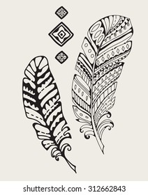 Vintage hand-drawn feathers, tribal elements, Vector