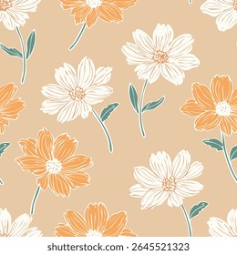 Vintage Hand-Drawn Floral Seamless Pattern – Elegant Botanical Background Design
