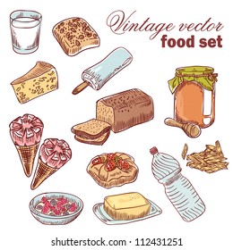 Vintage hand-drawn food set with various tasty things and dishes for breakfast