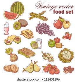 Vintage hand-drawn food set with various fruit and vegetables