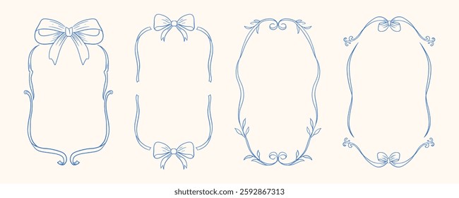  Vintage hand-drawn frames with ribbon bows and elegant swirls in monochrome blue ink. Ideal for invitations, monograms, and stylish branding.