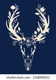 Vintage hand  drawn graphic deer skull   flowers  Light image dark background  Can be used as textile   t  shirt print adult coloring book page 