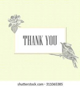 Vintage hand-drawn Greeting Card with Blooming Flowers and Birds. Thank You with Place for Your Text. Bird, Wildflowers, Vector Illustration.