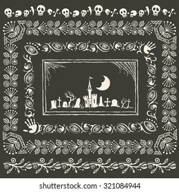 Vintage Hand-drawn Halloween Frames and Borders with Gloomy Cemetery Landscape 