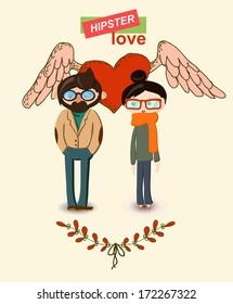 Vintage  hand-drawn hipster man and woman Love decorative elements set
