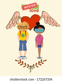 Vintage  hand-drawn hipster man and woman Love decorative elements set