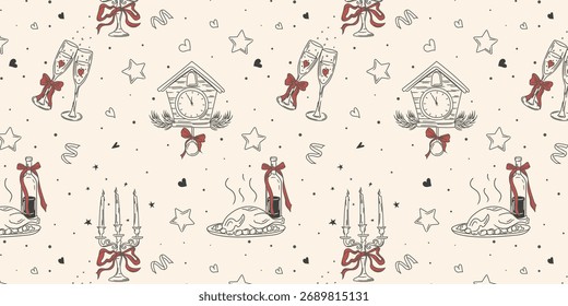 Un patrón de vacaciones vintage, dibujado a mano sin fisuras. Un patrón de Navidades retro minimalista con velas, un pavo y champán.