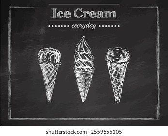Vintage hand-drawn ice cream cones sketch on chalkboard background