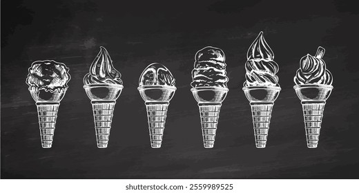 Vintage hand-drawn ice cream cones sketch collection on chalkboard