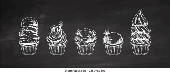 Vintage hand-drawn ice cream cups sketch collection on chalkboard background in retro style