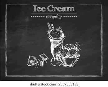 Vintage hand-drawn ice cream dessert in glass and bowl