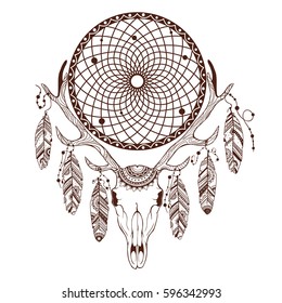 Vintage hand-drawn illustration with deer, dreamcatcher and feathers.Vector illustration for tribal design, invitation, web, textile, wallpaper.