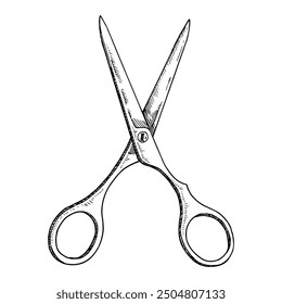 Vintage hand-drawn illustration of hairdressing scissors and salon equipment. The graphic emphasizes the precision and artistry involved in hairstyling, making it ideal for barbershop-related content