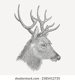 Vintage hand-drawn illustration of a majestic deer head with large antlers, detailed sketch in classic engraving style.