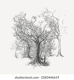 Vintage hand-drawn illustration of a majestic tree with a person standing beneath, symbolizing nature’s grandeur, wisdom, and solitude. Perfect for themes of growth, reflection, and the environment.