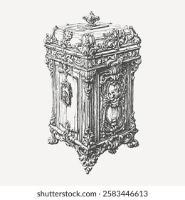 Vintage hand-drawn illustration of an ornate antique chest with intricate baroque carvings. A highly detailed black and white engraving, perfect for historical, decorative, and classical-themed design