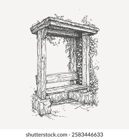 Vintage hand-drawn illustration of a rustic wooden bench with a shelter, overgrown with ivy and surrounded by nature. A peaceful countryside scene, perfect for nostalgic and rural-themed designs.